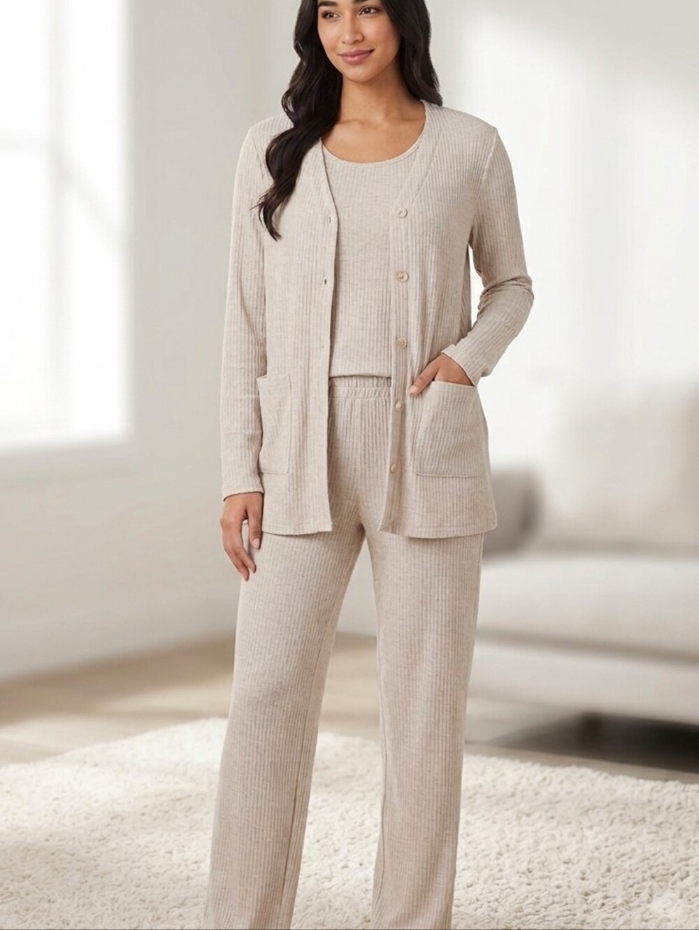 Cuddl Duds Ribbed Lounge 3 Piece Set in Light Beige